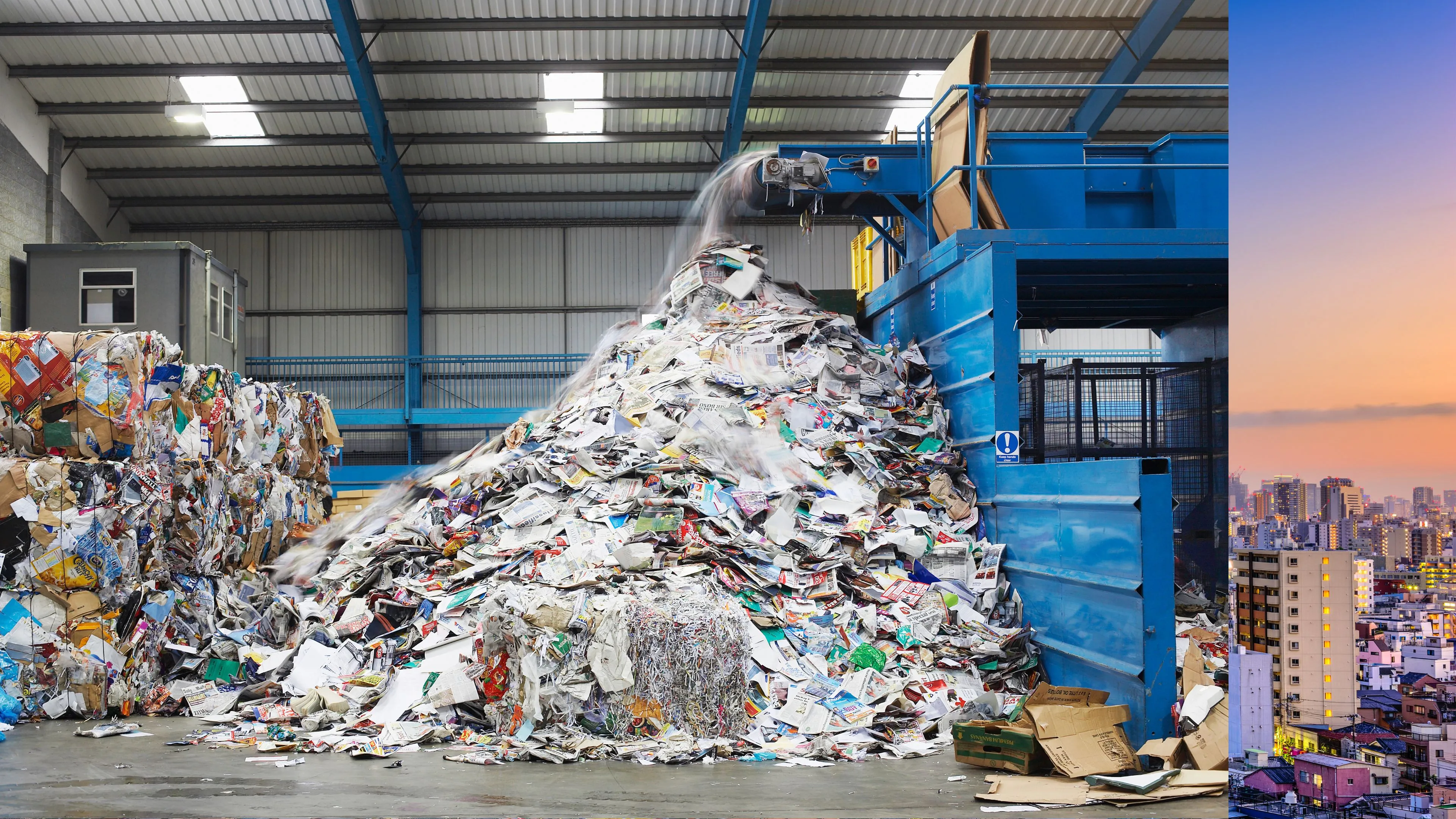 Recovered paper and card baled at a recycling facility